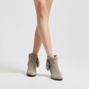 Sam Edleman Suede Ankle Booties Fringe Western Festival Boho Block Heel Grey